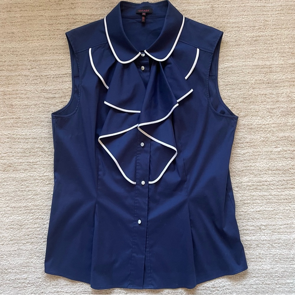 ESCADA - Navy & White Ruffled Blouse. Size 44 - US L - NWOT